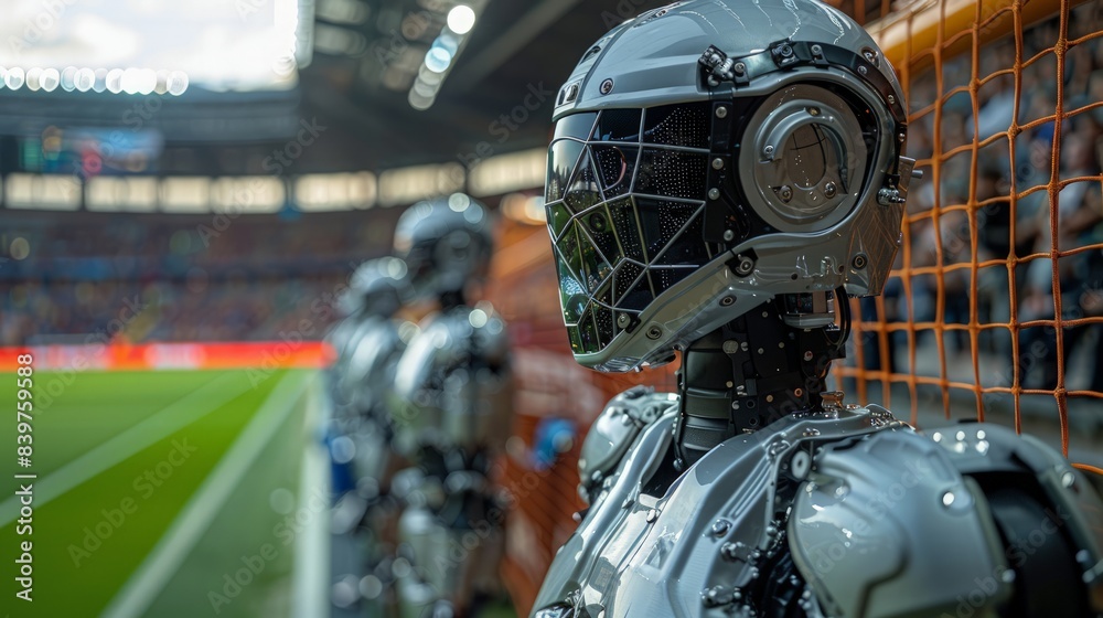 Fototapeta premium AI-enhanced match officiating: Robot referees equipped with AI technology ensuring fair and accurate decisions during the game -