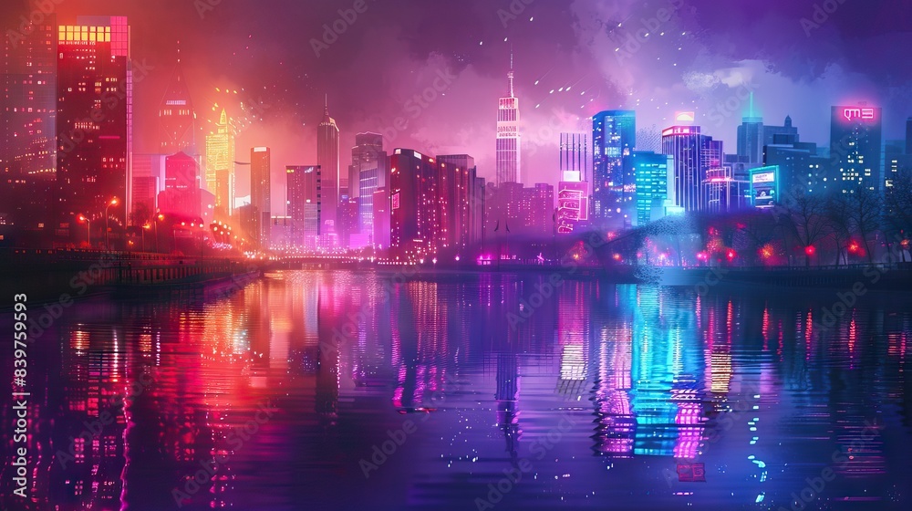 Futuristic city. Concept Art. Cityscape at night with bright neon lights. 3D illustration. AI generated illustration Futuristic city. Concept Art. Cityscape at night with bright neon lights. 3D illustration. AI generated illustration