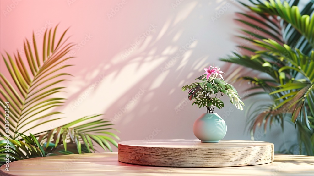 product podium on pastel background with tropical leaves product podium on pastel background with tropical leaves