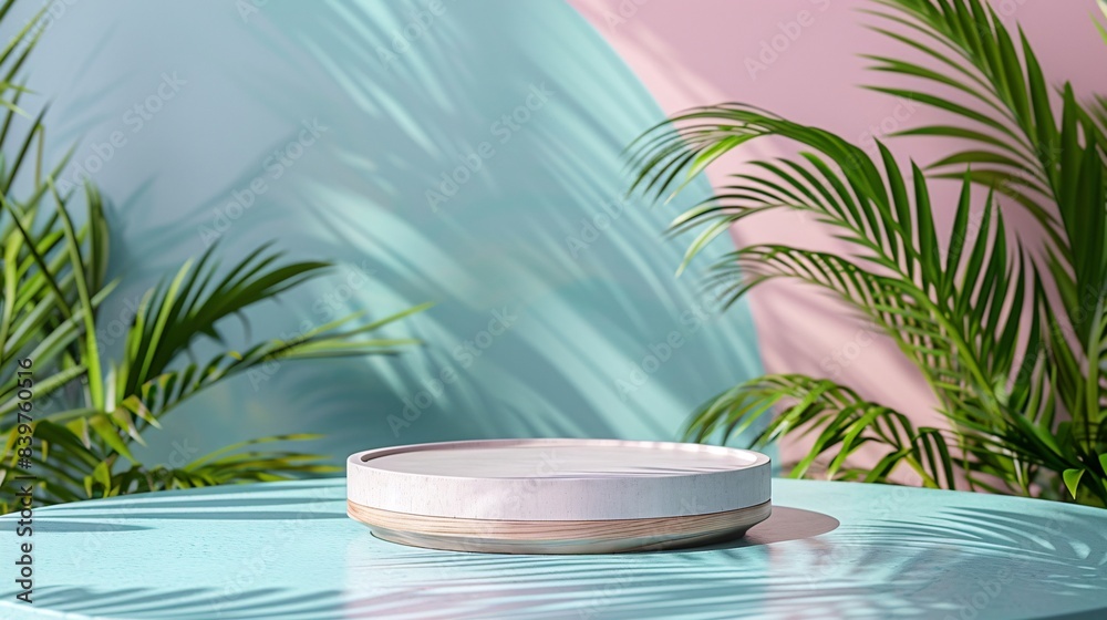 display podium on pastel background with tropical leaves display podium on pastel background with tropical leaves