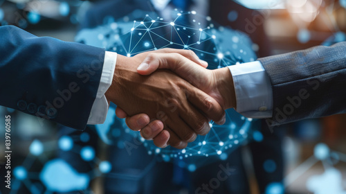 Two people in business suits shaking hands, with a digital network graphic overlay symbolizing connectivity and successful business collaboration.