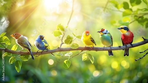 Beautiful birds on the background of forest, field, panorama of nature spring. Generative Ai photo