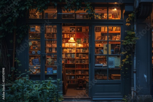 vintage bookstore with books on shelves at night with cozy lights view through door and windows photo