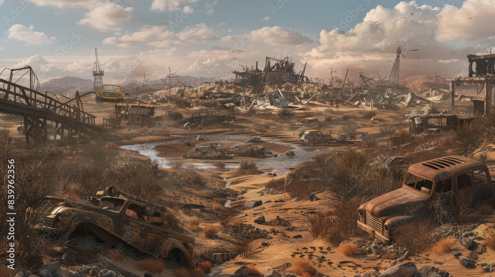 Obraz premium A post-apocalyptic landscape featuring a dried-up riverbed, scattered with the remnants of a war-torn civilization, including abandoned vehicles and machinery