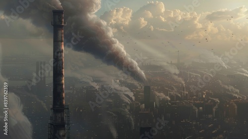A factory chimney belching out thick, toxic smoke into an already smoggy sky, with a sprawling, polluted cityscape visible in the background photo