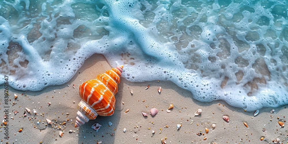 Obraz premium Sea water, sand and sea shells as background. Summer beach. Summer background. Top view.