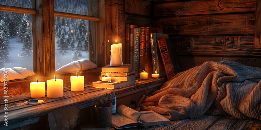 Cozy Mountain Cabin Corner: A small desk tucked in the corner of a rustic mountain cabin, with books, candles, and a warm blanket. Cozy Mountain Cabin Corner: A small desk tucked in the corner of a rustic mountain cabin, with books, candles, and a warm blanket.
