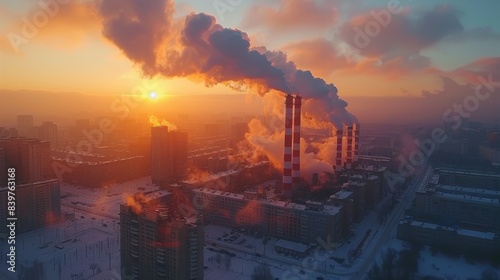 Aerial view of industrial power plant chimneys emitting thick smoke against the sunset sky in a city landscape