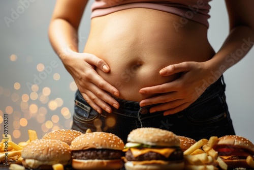 Belly bulge - girl with a big belly, fat waist, overweight problem, poor diet, fast food - consequences of excessive weight gain, unhealthy eating habits, advocating for balanced nutrition, wellness. photo