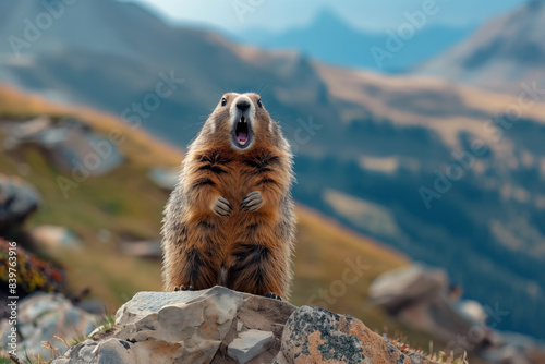 Adorable groundhog screams while standing on the mountain.