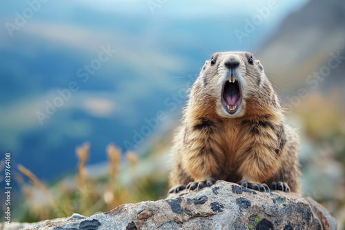 Adorable groundhog screaming on the mountain.