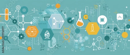 Innovation medicine concept with flat icons on an abstract background, featuring breakthroughs in medical research and biotechnology