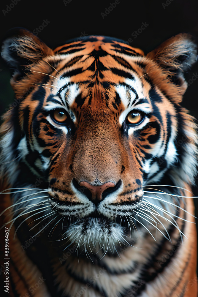 Majestic Tiger Close-Up Portrait with Intense Gaze and Striking Fur Patterns Majestic Tiger Close-Up Portrait with Intense Gaze and Striking Fur Patterns