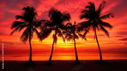 Imagine an iconic scene reminiscent of Scarface, where the vibrant backdrop of an orange sky sets the stage for a row of majestic palm trees. AI generated illustration © moon