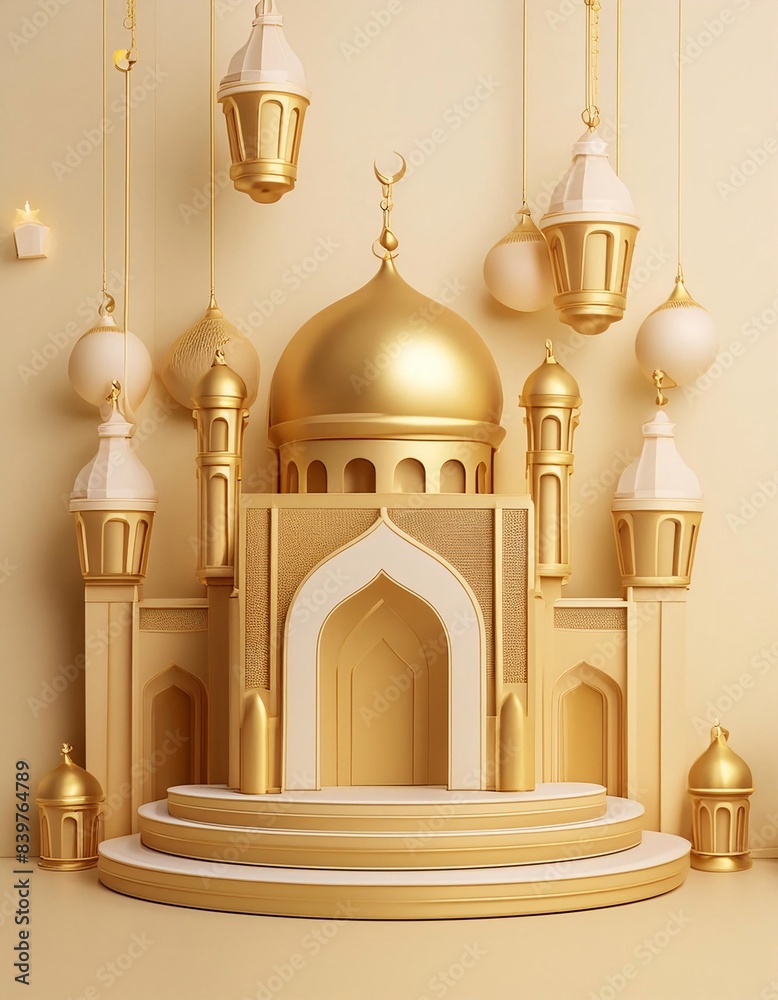 a magnificent mosque with a beautiful podium and lanterns, complemented by a luxurious gold backdrop. This design is very suitable for use on Eid al-Adha posters, a magnificent mosque with a beautiful podium and lanterns, complemented by a luxurious gold backdrop. This design is very suitable for use on Eid al-Adha posters,