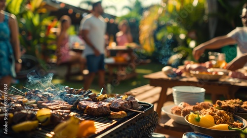 Barbecue grill with food and people in the background at an outdoor party.