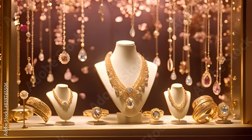 Gold jewelry diamond shop with rings and necklaces luxury retail store window display