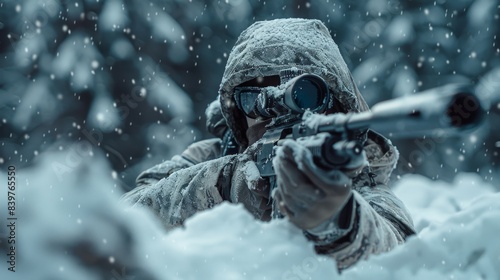 A military sniper in winter camouflage lies in the snow while aiming a scoped rifle, perfectly blending in