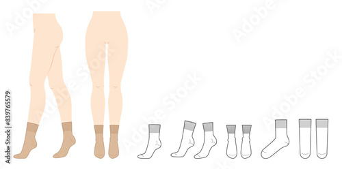 Crew Socks set on women legs and CAD flat template mockup. Hosiery Fashion accessory clothing technical illustration stocking. Vector front, side view, sketch outline isolated on white background