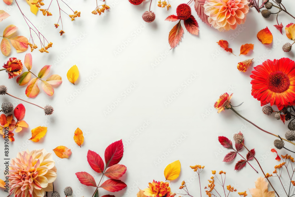 Autumn frame with yellow dry leaves, flowers and berries on white background for banner with copy space. Flat lay, top view. Thanksgiving, Halloween and Harvest day concept. Autumn frame with yellow dry leaves, flowers and berries on white background for banner with copy space. Flat lay, top view. Thanksgiving, Halloween and Harvest day concept.