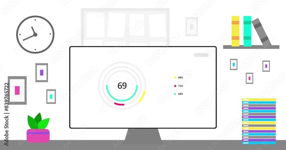 Office computer with simple modern round Infographics on screen. Modern Office interior and data or statistic animation. 4K resolution animation. Office setup close up