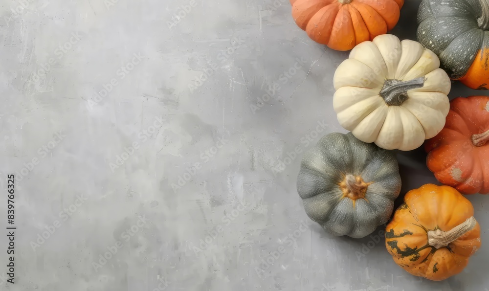 Autumn frame with orange, grey, white pumpkins on grey stone background for banner with copy space. Flat lay, top view. Thanksgiving, Halloween and Harvest day concept. 
