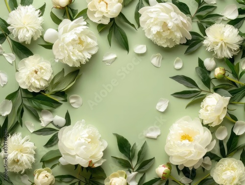 Floral frame with white peonies on light green background for wedding  Mothers day  Womans day card. Flower composition with place for text  copy space. Flat lay  top view