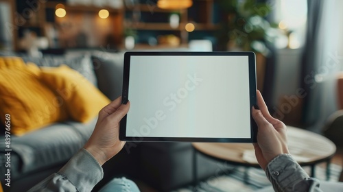 Hands holding up a tablet in front of a stylishly decorated living room, featuring a blank screen for mock-ups