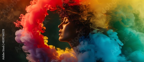 Portrait of a person, pansexual individual, with rainbow smoke forming a halo around their head, symbolizing pride and selfempowerment photo