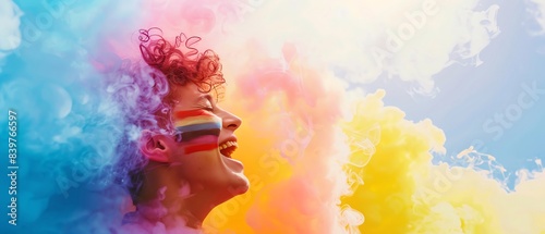 Portrait of a person laughing amidst a cloud of rainbow smoke, capturing the joy and positivity of LGBTQ pride celebrations