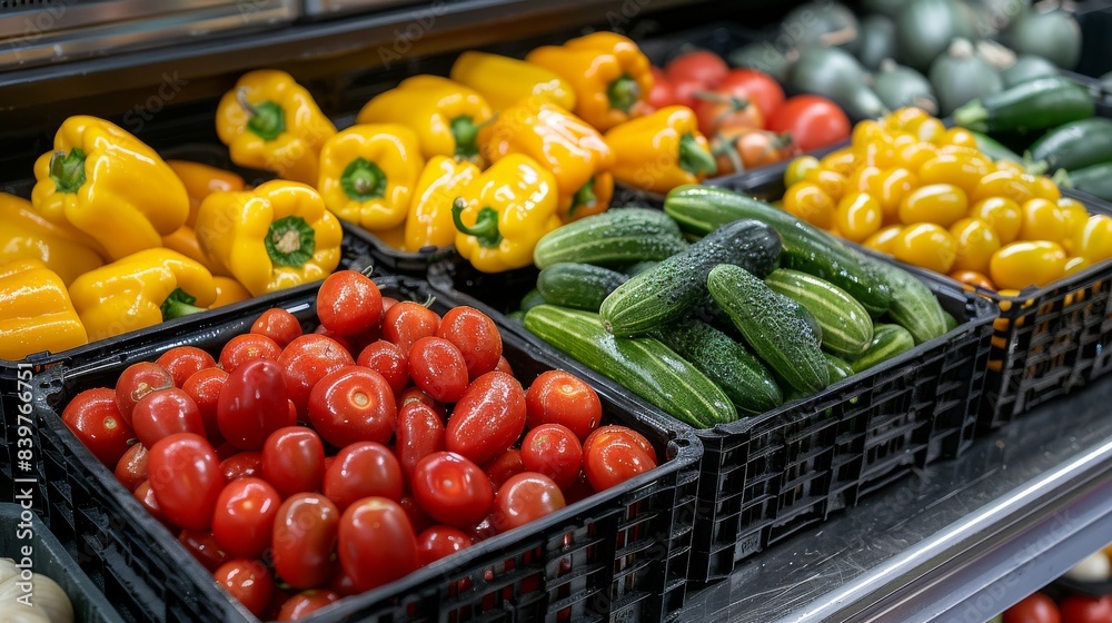 Vibrant red tomatoes, yellow peppers, and green cucumbers neatly arranged on a supermarket shelf, showcasing freshness and health