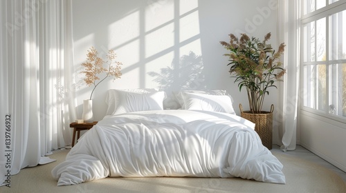 Bedroom bathed in warm morning light with sun shadows creating patterns on the elegant white bedding
