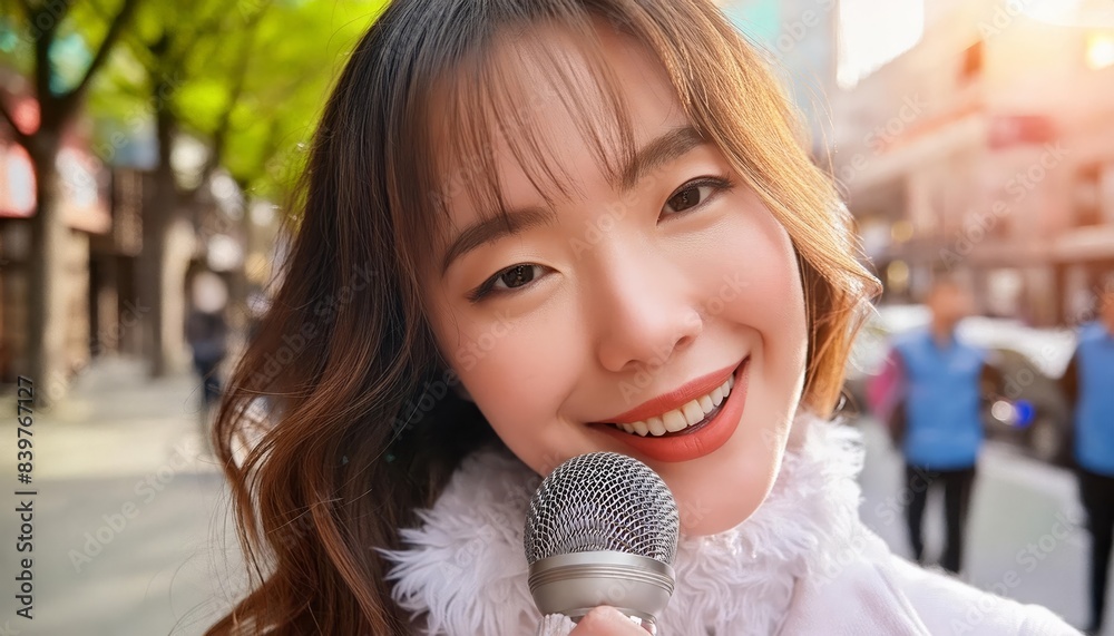 A cheerful woman holding a microphone and smiling on a bustling city street. The lively urban setting and her bright expression convey a sense of joy and energy.