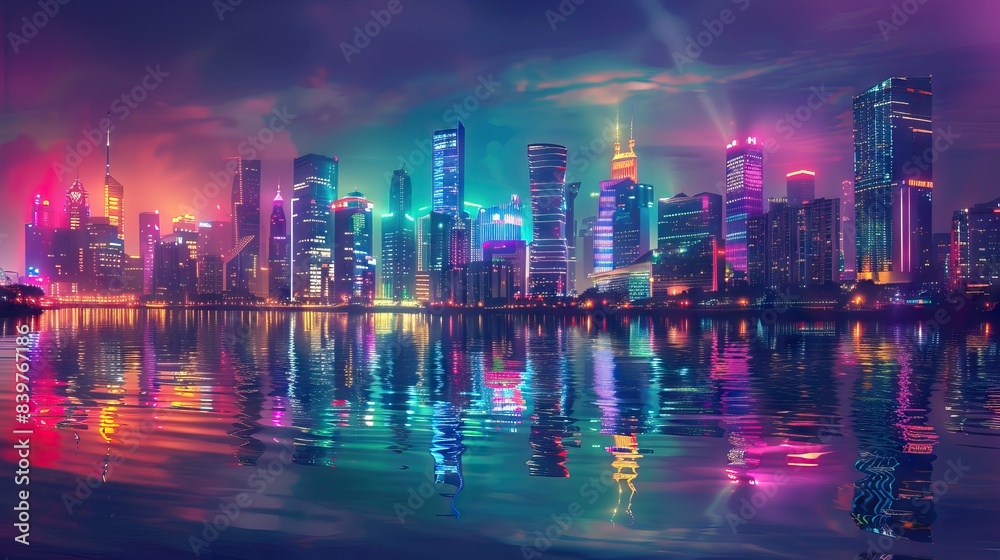 Futuristic city. Concept Art. Cityscape at night with bright neon lights. 3D illustration. AI generated illustration Futuristic city. Concept Art. Cityscape at night with bright neon lights. 3D illustration. AI generated illustration