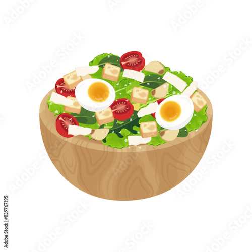 Vector illustration logo Clip art Caesar Salad on a wooden bowl