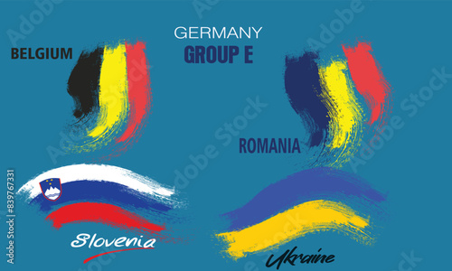 Participants of Group E of European football competition on sport background. painting the flag with brush strokes, group E of european football germany, romania slovenia ukraine belgium