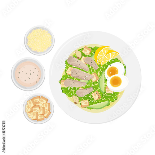 Vector illustration logo Clip art Caesar salad with croutons parmesan cheese and sauce 