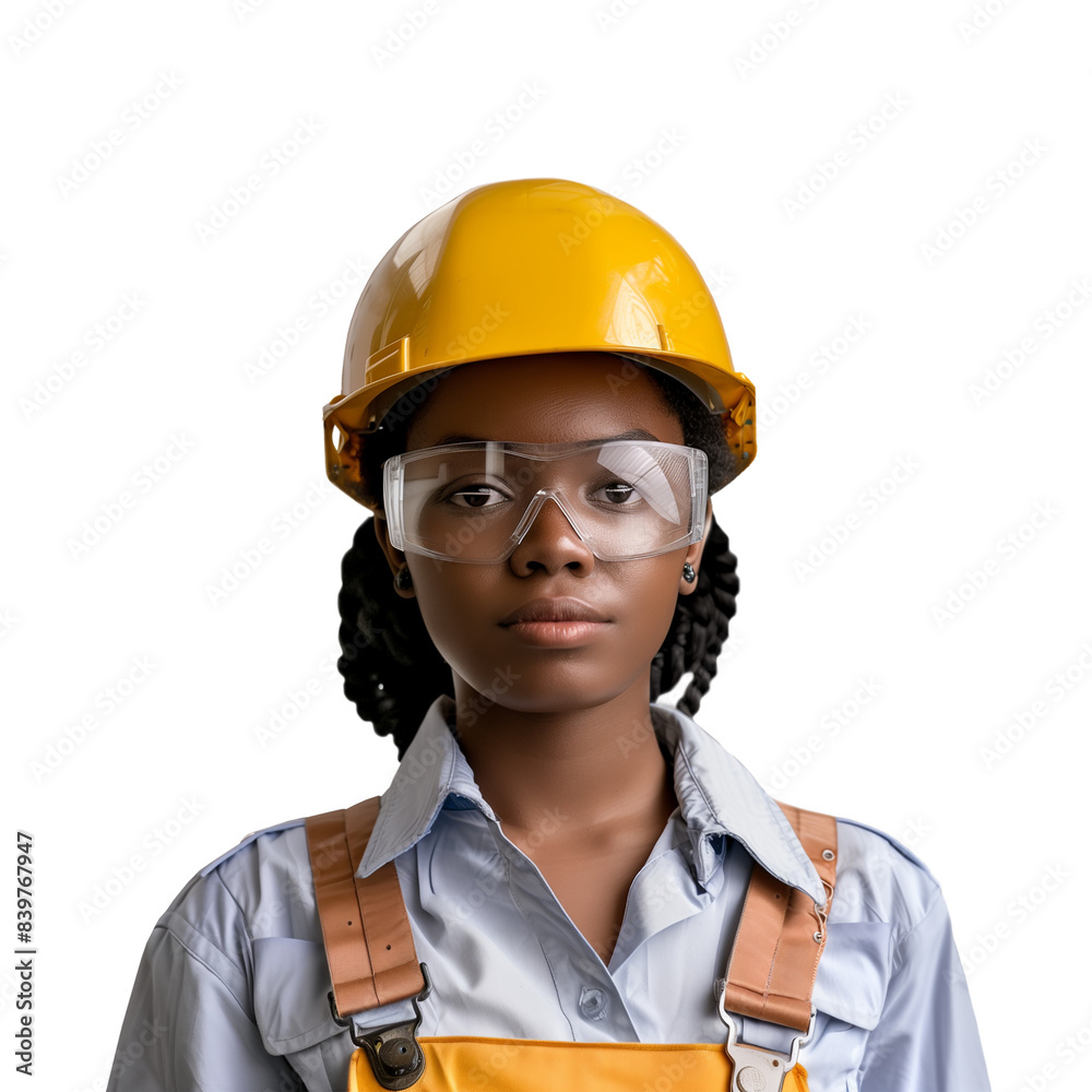Closeup of stylish young confident afro-american female in a sturdy hard hat, her gaze and confident demeanor suggesting a talented engineer. Isolated transparent png, add your own background. Closeup of stylish young confident afro-american female in a sturdy hard hat, her gaze and confident demeanor suggesting a talented engineer. Isolated transparent png, add your own background.