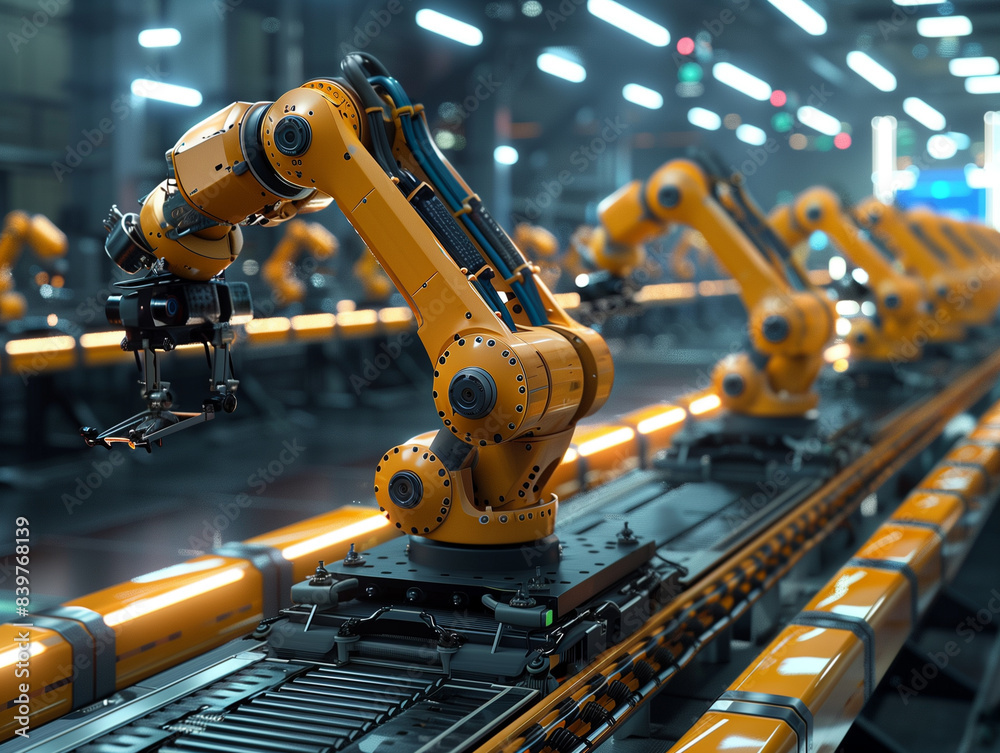 Smart industry robot arms for digital factory production technology showing automation manufacturing process of the Industry 4.0 or 4th industrial revolution and IOT software to control operation Smart industry robot arms for digital factory production technology showing automation manufacturing process of the Industry 4.0 or 4th industrial revolution and IOT software to control operation