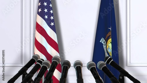 Maine and USA Flags with Microphones. Official Press Conference of States of America Government