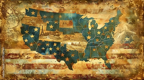 Vintage map of the United States with distressed American flag background. Each state is uniquely illustrated with stars and iconic landmarks.