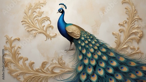 A resplendent royal volumetric peacock decorated with shimmering gold accents on a plaster wall.