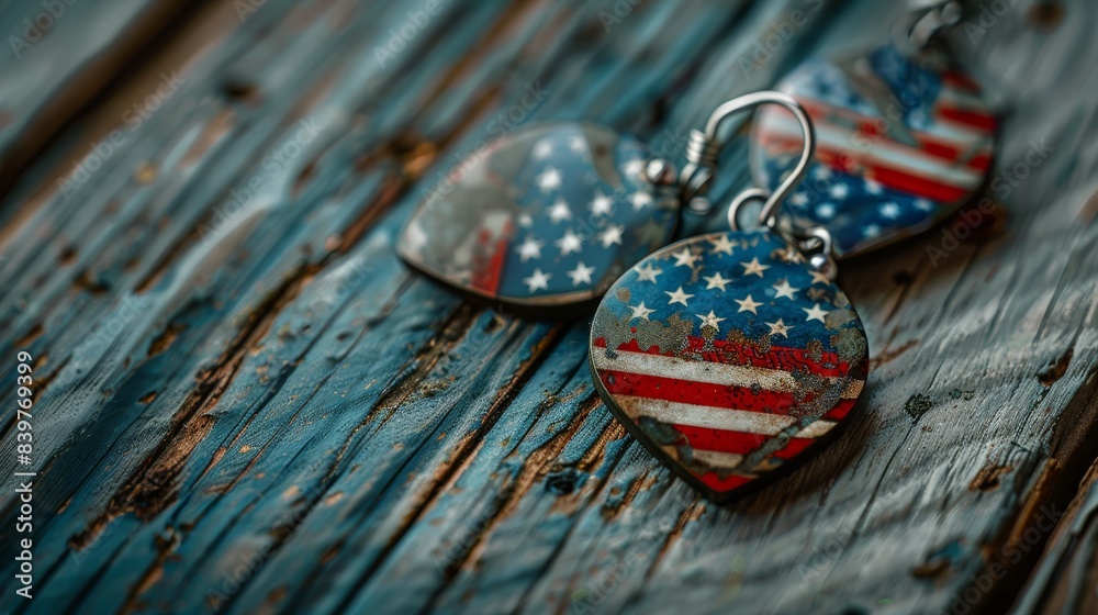 Naklejka premium Close-up of heart-shaped American flag earrings on rustic wooden background, perfect for patriotic and vintage themes.
