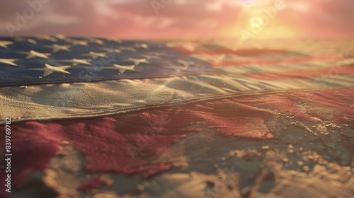 Close-up of the American flag with sunlight streaming over it, highlighting its texture and colors. Perfect for patriotic themes. photo