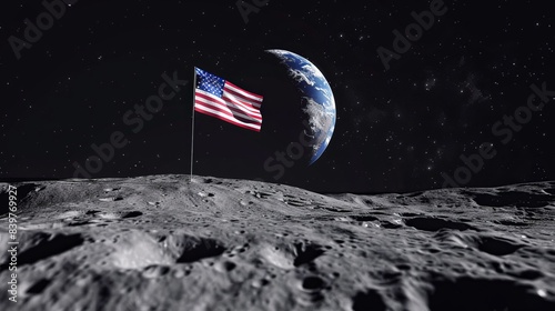 American flag on the moon's surface with Earth in the background, symbolizing human achievements and space exploration.