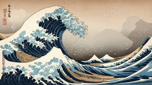 The great big wave of Kanagawa painting reproduction. Old Japanese artwork. Volumetric sea waves.
