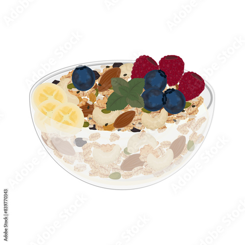 Vector illustration logo Clip art Healthy breakfast granola muesli with yogurt and fruits
