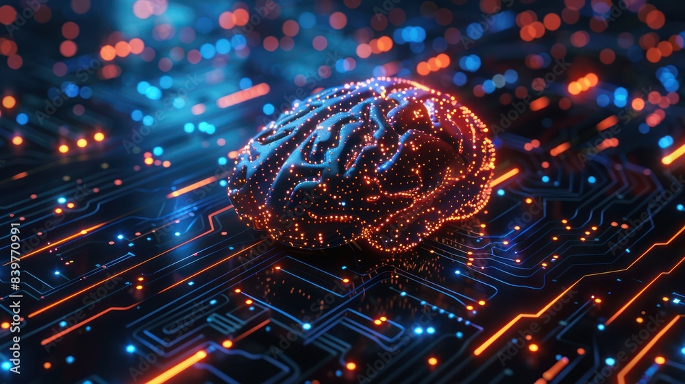 Neural circuit and electronic cyber brain in a quantum computing system. with Imagery AI and Automation background. 