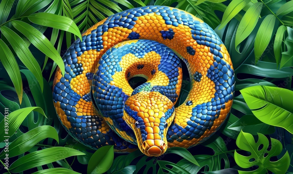 Anaconda coiled flat design top view rainforest cartoon drawing colored pastel Anaconda coiled flat design top view rainforest cartoon drawing colored pastel