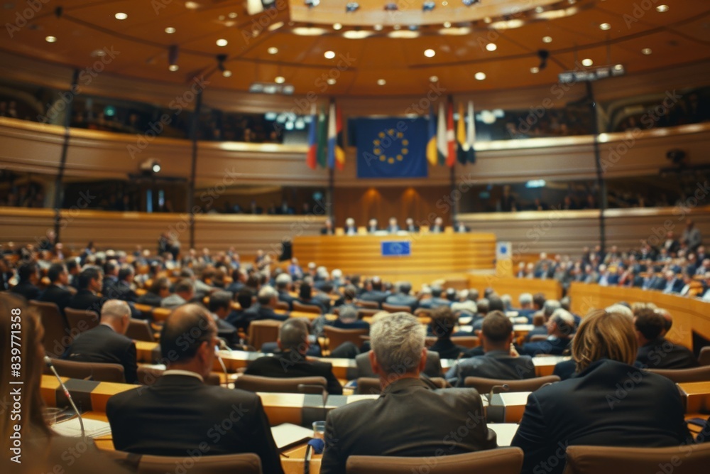 Fototapeta premium Bustling international conference with U.S. and EU representatives discussing important issues.